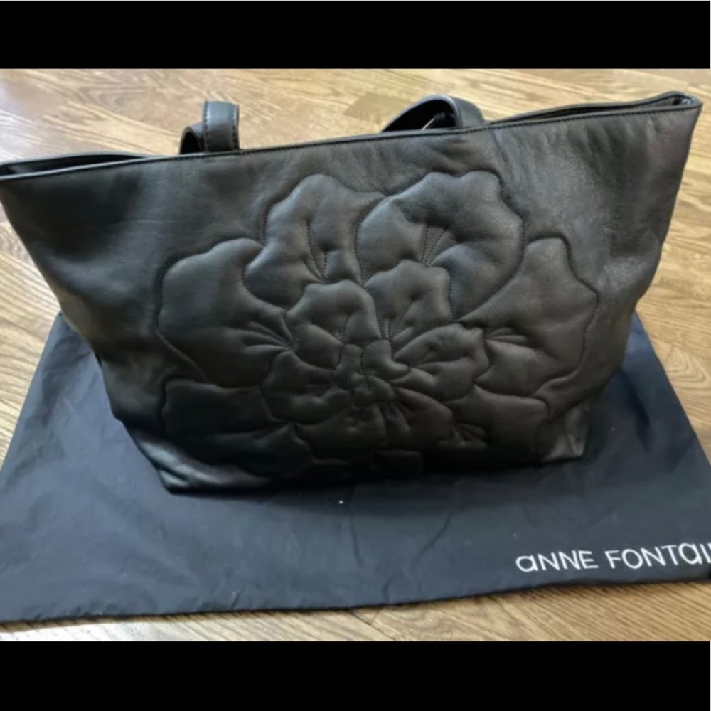 Anne Fontaine Rose Embossed Leather Tote Bag Black